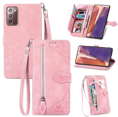 JayModCase Handyhülle für Samsung Galaxy Note 20, PU Leder Magnetverschluss Handytasche, mit Reißverschlusstasche Ständer Kartenfächer Hülle Kompatibel mit Galaxy Note 20 - Rosa