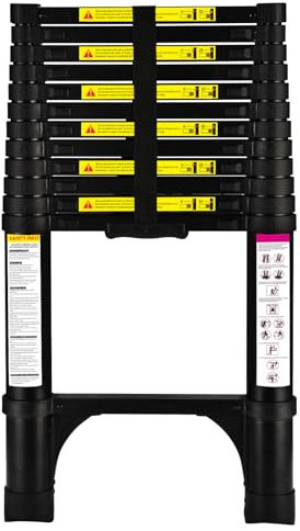 HBTower Teleskopleiter 3,8 m aus Aluminium, Klappbare Ausziehleiter mit Rutschfesten Füßen, Robust & Tragbar, Tragkraft 150 kg, Ideal für Dachrinnenreinigung & Außenreparaturen, Schwarz