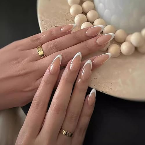 Nude French Tip False Nails - 24pcs Long Press On Nails Almond - Full Cover Fake Nail Tips And Glue - Nude Brown Acrylic Stick On Nails For Women Manicure Nail Art Salon At Home