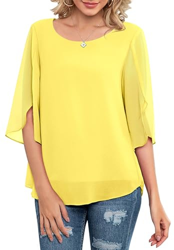 Neineiwu Túnica de gasa para mujer, informal, cuello redondo, manga 3/4, blusa de malla, camisas fluidas, corte holgado, parte superior