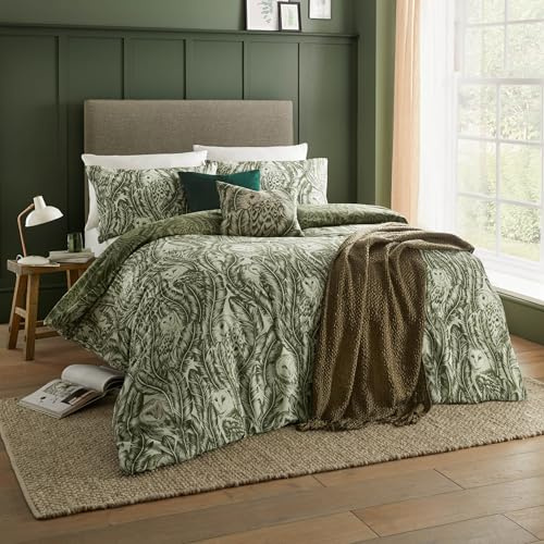 furn. Wylder Albus Duvet Cover Set (Forest Green - King) | Reversible Woodland Owl Slub Cotton Rich Bedding
