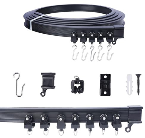 FOGAWA 3m Vorhangschiene mit 24 S Haken, Deckenvorhangschiene, Flexible Gardinenschiene, Gebogen, Deckenschiene für Duschvorhangstange, Raumteiler, Vorhangschienensystem Deckenmontage, Schwarz