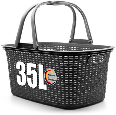 BigDean Wäschekorb mit Henkel 35L Rattan Design – Wäschewanne Made in Germany
