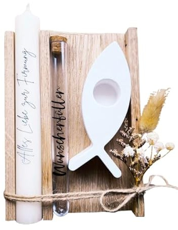 Alles Liebe zur Firmung - Geschenkset - Kerze Stabkerze - mit Reagenzglas (Wunscherfüller) für Geldgeschenk Gutschein - mit Fisch Kerzenständer - in Holzbox Holzverpackung - Geschenk - Kirche