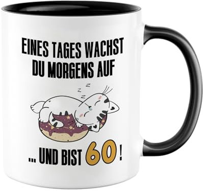 Tasse 60. Geburtstag, Geschenk 60 Geburtstag Frau & Mann, Becher mit Spruch Katze Motiv, Geburtstagsgeschenk Kaffeetasse aus Porzellan 350 ml, Lustig Geschenk für Frauen Freundin Kollegin Mama Oma