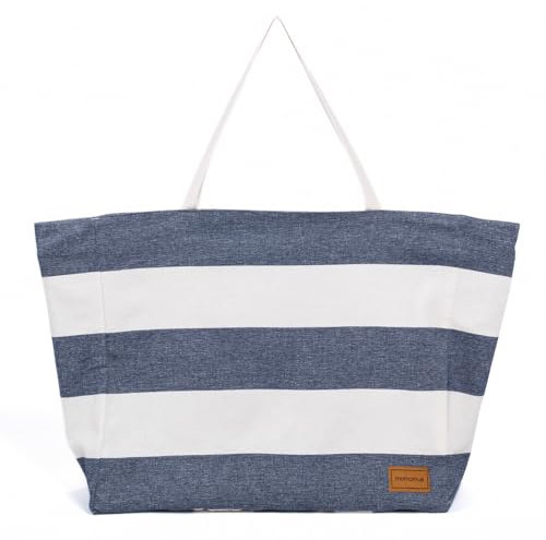 MOMOMUS Große Strandtasche XXL Familie - Wendbar, Gestreiftes und glattes Design, Geräumig - 50x40, Blau-Beige
