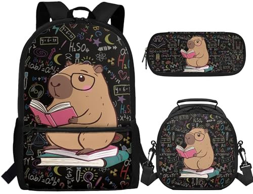 Aplkyhs Juego de mochila y lonchera para niñas de 6 a 12 años, bolsa de libros con lonchera y estuche para lápices, juego 3 en 1, mochila escolar para niños, Capybara Cute, Taille unique