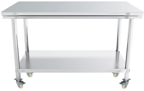 LHXLSH Edelstahltisch Lebensmittelzubereitung, Edelstahl Küche Arbeitstisch 2 Ebenen Mit 4 Universal Rädern, Mit Aufkantung - Gastronomie Tisch Bis 250kg Belastbar(70 * 60cm/27.5 * 23.6)