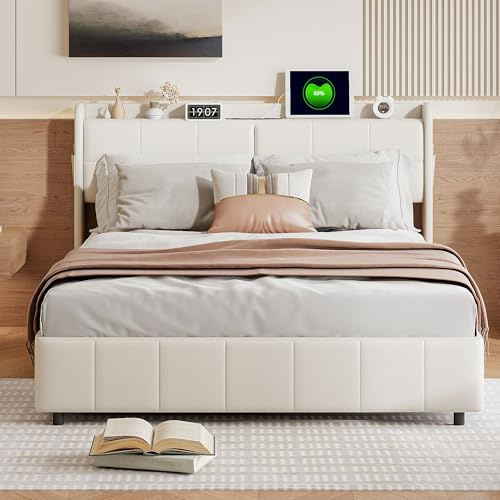 Polsterbett 160x200 mit Stauraum, Doppelbett 160x200 mit Schubladen, Bett mit USB, Funktionsbett Stauraumbett mit Lattenrost, Jugendbett Bettgestell mit Gepolstertes Kopfteil (Weiß, PU)