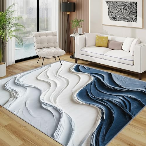 3D Effekt Teppich 140x200 cm, Optische Täuschung Textur Teppich Wohnzimmer, Stereo Vision Modern Einfach Kurzflor Rutschfest Pflegeleicht Teppiche Für Jugendzimmer Schlafzimmer, Blau Weiß Grau