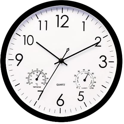 GOEDCH Grande orologio da parete: orologio da parete da 30 cm con termometro e igrometro, rotondo al quarzo, orologio da parete preciso e durevole con quadrante trasparente, senza ticchettio, per casa