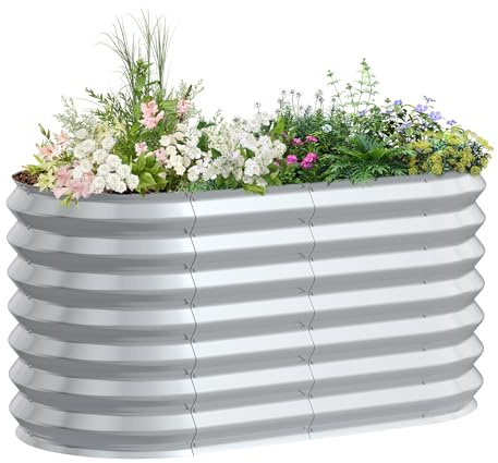LZQ Hochbeet Metall,765L Pflanzkasten Hochbeete für Garten,Rostfreies Stahlblech Kräuterbeet, Verzinktes Gemüsebeet Pflanzenbeet zum Anbau von Gemüse, Blumen und Obst, 180x90x60 cm Oval,Silber M