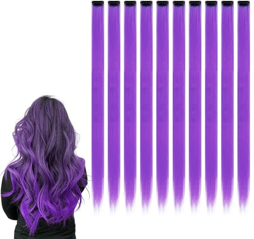 10Pcs Colored Clip in Hair Extensions, 22 Inch Colorful Highlights Hairpieces, for Kid Girls Women Party Hair Decor (Purple)