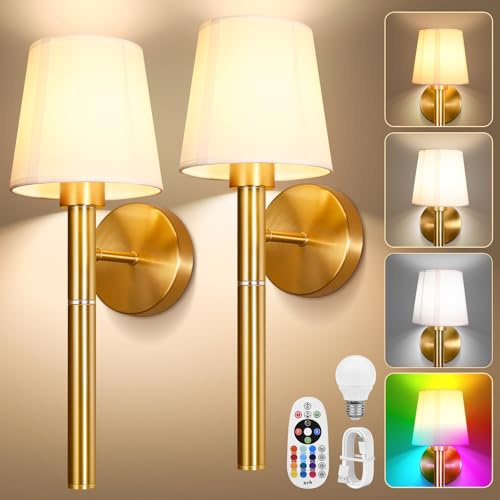 Bawoo Akku Wandleuchte Innen, 2 Pack Batteriebetrieben Wandlampe für den Innenbereich mit Abnehmbarem 5200mAh Ladestab und Dimmbarer Fernbedienung, 3 Farbige Kabellose Wandleuchten (Gold-12 RGB)