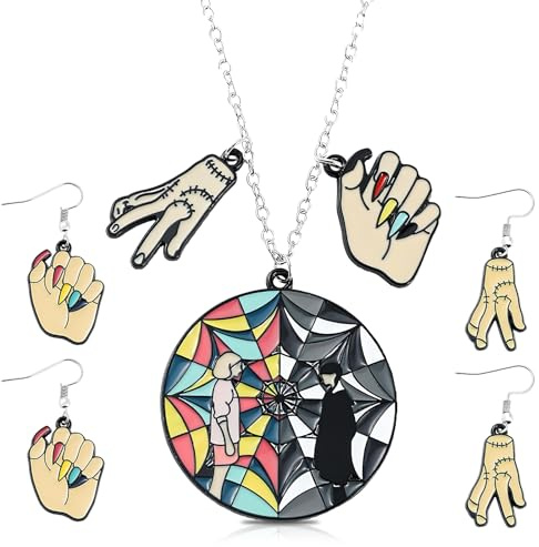 ElevaPulse 3 Paare Wednes-Day Ohrringe Set(Hand & Spinnennetz Motive) - Gothic Schmuck Set, Verstellbare Kette 40–45 Cm, Halloween Ohrringe Damen & Cosplay Accessoires
