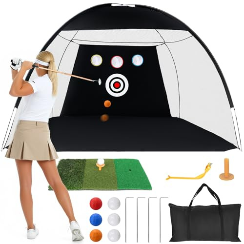 Golf Practice Net 10x7ft for Backyard Driving & Chipping, Includes Swing Correction Trainer, 6 Balls, Carry Bag & Tri-Turf Hitting Mat, Indoor & Outdoor Use