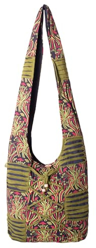 Vishes Schultertasche Baumwolle Stofftasche mit Kreuzschnürung schwarz-Olive