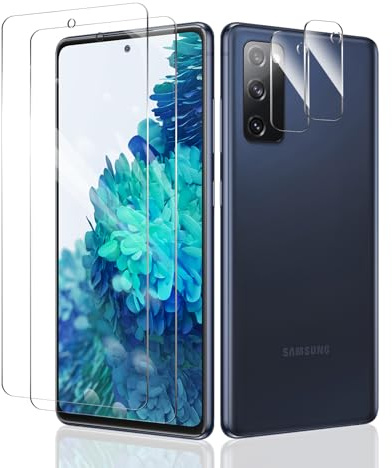 Fylnatc 2×Screen Protector for Samsung Galaxy S20 FE + 2×Camera Lens Protector, 9H Hardness Tempered Glass Film Case Friendly HD Clear Scratchproof Easy Installation No Bubbles