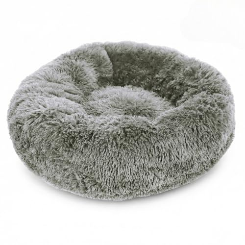 MIJOMA Flauschiges Hundebett rund grau mit Anti-Rutsch Unterseite – Beruhigendes Hundekissen für kleine mittelgroße & große Hunde – Hundekorb aus Plüsch zur Entspannung (Größe M – Ø 70 cm)