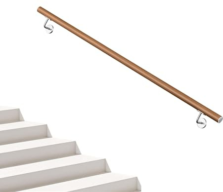 AICA Barandilla de escalera, Pasamanos de acero inoxidable 304 acabado madera marrón, 150 cm con 2 soportes, para Interior y Exterior