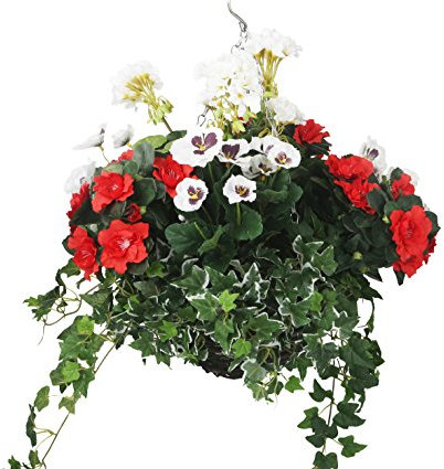 Closer2Nature Artificial Red Azalea, White Pansy and Geranium Display in a 12 Round Willow Hanging Basket