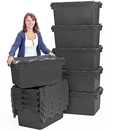 Plastor 10 x Large Plastic 80 Litre Heavy Duty Storage Boxes (71 x 46 x 36.8cm) Black LC3 Crates with Attached Hinged Lids