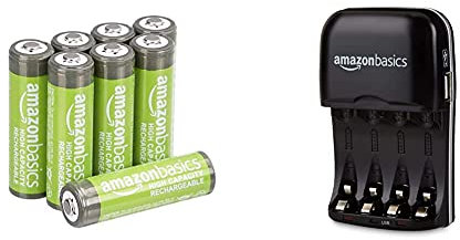Amazon Basics Chargeur de Piles Ni-MH AA et AAA avec Port USB & Piles Rechargeables AA Haute Capacité, Pré-Chargées - Lot de 8