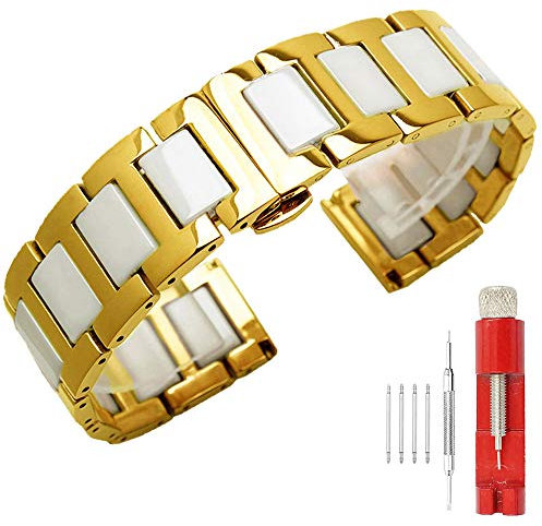 Kai Tian 22mm Weiß Keramik Armband Gold Edelstahl Uhrenband Alle Links Abnehmbares Ersatz Metall Two Tone Uhrarmband mit Werkzeugen Armbanduhr für Damen Herren