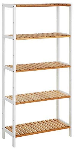SONGMICS Badezimmerregal, Badregal, Küchenregal, Schuhregal mit 5 Ebenen, Standregal aus Bambus, 26 x 60 x 130 cm, für Bad, Wohnzimmer, Flur, Küche, wolkenweiß-naturbeige BCB35WN