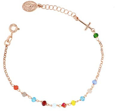 Linea Italia Gioielli - Bracciale per Donna a Rosario In Argento 925 Placcato Rosa con Pietre Colorate, Croce e Medaglietta Madonna - Made In Italy