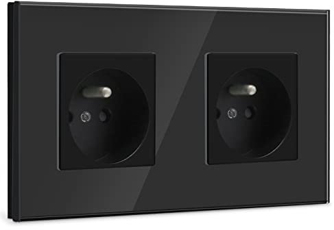 BSEED Prise Murale,Standard Français 16A Double Prise de Courant Alternatif avec Panneau en Verre Cristal (2 Prise, Noir)