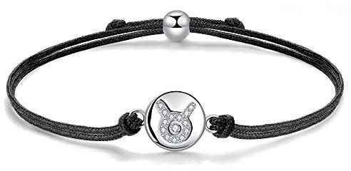 J.Endéar Armband mit Sternzeichen Stierzum Geburtstag, Silber 925 Handgemachte Kordel Filigran 24cm Verstellbares Armband Glückshoroskop Geburtstagsgeschenk für Mädchen Kinder Damen