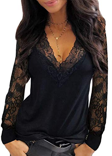 Onsoyours Oberteile Damen Langarmshirt V-Ausschnitt Blusen Sexy Spitzen Patchwork Shirt Lose Tunika Tops Leicht T-Shirt Einfarbig Chiffon Hemd
