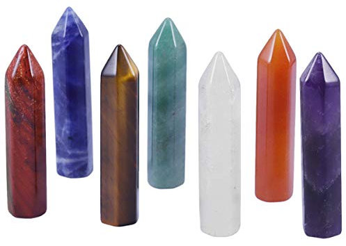 KYEYGWO 7 Chakren Kristall Zauberstab Set, Reiki Heilung Stein Quarz Punkte Sechseckiger Heilkristall Stäbe Hexagon Edelsteine Haus Deko für Meditation, Amulett, Glücksbringer