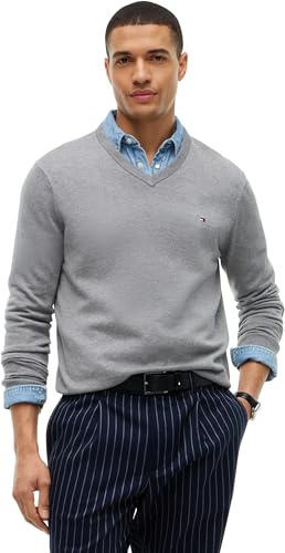 Tommy Hilfiger Herren Pullover Essential Cotton V-Ausschnitt, Grau (Medium Grey Heather), M