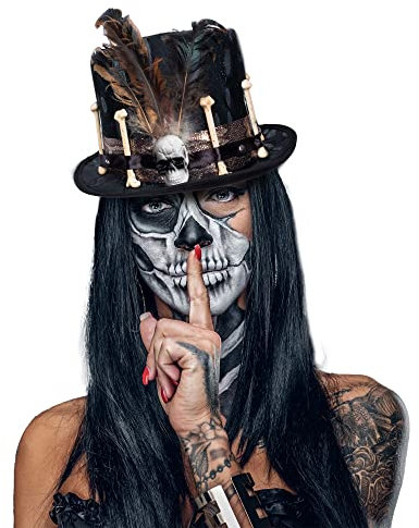 Bock op Kölle Halloween Kopfbedeckung Voodoo-Hut, Zylinder mit Knochen,Kostüm Federn und Totenkopf, Rosen, Kopfbedeckung, Einheitsgröße, Kostüm, Karneval, Fasching, Mottoparty (Voodoo - Hut)