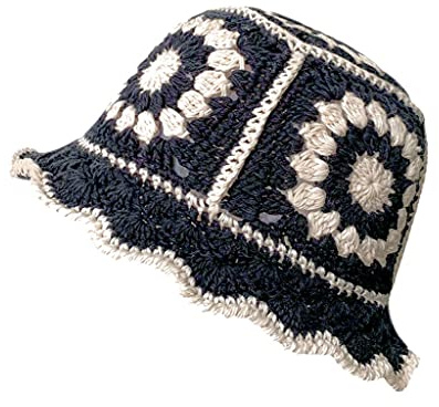Damen-Strickmütze, Boho-Strickmütze, handgefertigt, gehäkelt, Fischerhut, gestreift, florales Schachbrett, A-Schwarz, 7 1/8-7 1/4