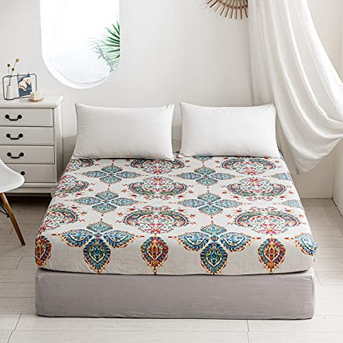 Damier Boho Spannbettlaken 160x200cm Bohemian Indische Mandala Spannbetttuch Weiche Mikrofaser Boxspringbett Bettlaken geeignet für Matratzen von 30cm
