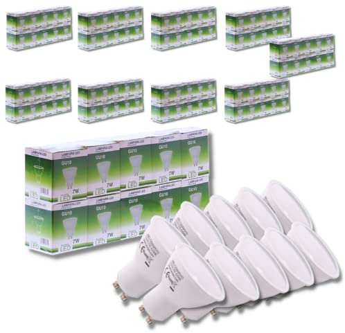 JANDEI - Packung mit 100 LED-Glühbirnen GU10 7W (entspricht 50W), warmweiß 3000K, 650 Lumen, Energiesparlampen, nicht dimmbar, für Haus, Büro, Geschäft.