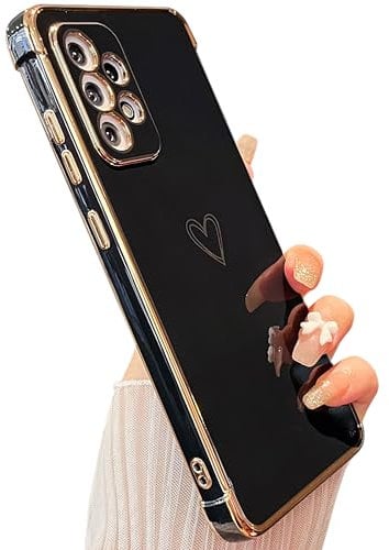 ZTOFERA Hülle Kompatibel mit Samsung Galaxy A53 5G, Handyhülle für Samsung A53 5G, Mädchen Weiche Silikon Hülle Schutzhülle mit Herz Muster Goldener Rand Stoßfest Bumper Cover, Schwarz