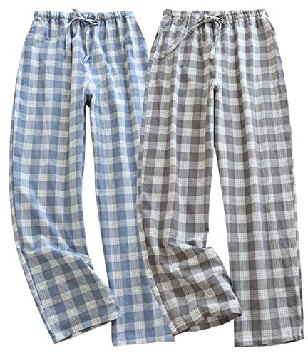 STMAHER 2er Pack Herren Baumwolle Pyjamahose Schlafanzughose Lang Pyjamahose Herren Karierte Nachtwäsche BH L