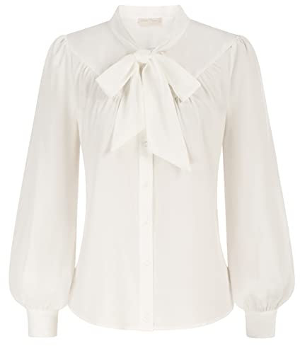Belle Poque Blusa victoriana para mujer, estilo vintage, cuello alto, manga farol, con lazo, Marfil, XXL