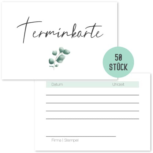 Things of Happiness Blanko Terminkarten (50 Stück) im schlichten Design | Terminkarte für Nagelstudio, Friseur, Massage, Kosmetik, Physiotherapeut (Terminkarte Eucalyptus)