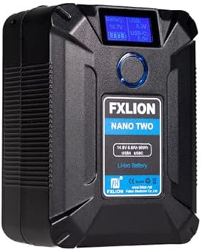 FXLION Nano Two V-Mount-Akku – 14,4V 6800mAh 98Wh mit D-Tap USB-A USB-C Micro-USB-Anschluss 520 g kompakt mit Kamera, Camcorder, Beleuchtung, Monitor, Telefon und Laptop.