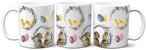online-hut - Tasse - Kaffeetasse - Kaffeebecher - Ostertasse - Osterhase - Eier - Blumenkranz - Küken - OT-19