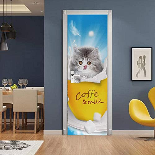 Artistic 3D Door Stickers Mural Wallpaper Wall Sticker Removable Self Adhesive Wall Window Decal for Home Office Decoration Animal Teacup Cat 90 X 200 Cm