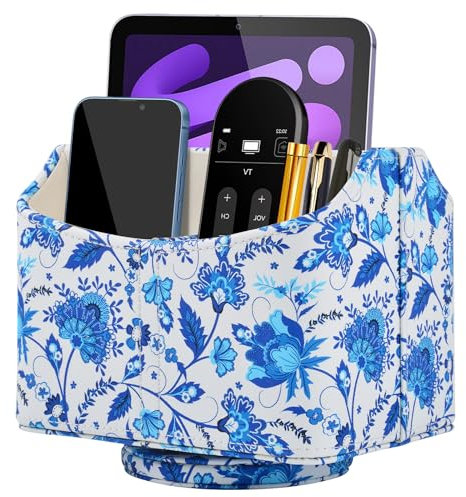 360° Drehbarer Fernbedienungshalter,TV fernbedienung aufbewahrung,PU Leder Fernbedienung Organizer mit 5 Fächer,Multifunktion Nachttisch Schreibtisch Organizer Büro Schreibtisch Stiftehalter,Blau