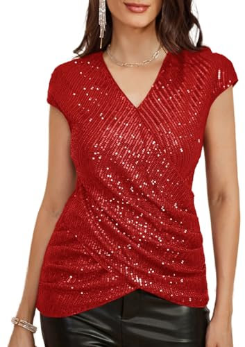 GRACE KARIN Damen Elegant Kurzarm V-Ausschnitt Festliche Bluse Glitzer Pailletten Tops zur Hochzeit Rot S