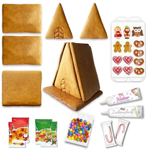 LEBKUCHENWELT Lebkuchenhaus Bastelset ca. 15x14x15cm inkl. Zuckerfiguren Zuckerguss & Lebensmittelkleber XXL Deko-Zubehör Set mit Bastel-Anleitung ca. 471g Hexenhaus Bausatz für Weihnachten