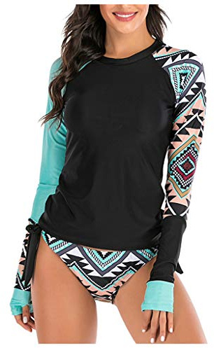 Camiseta de surf UV para mujer, manga larga, camiseta de baño Rashguard para mujer, protección UV, camiseta de surf, camiseta de natación, camiseta de playa, camiseta de dos piezas, Q negro., M